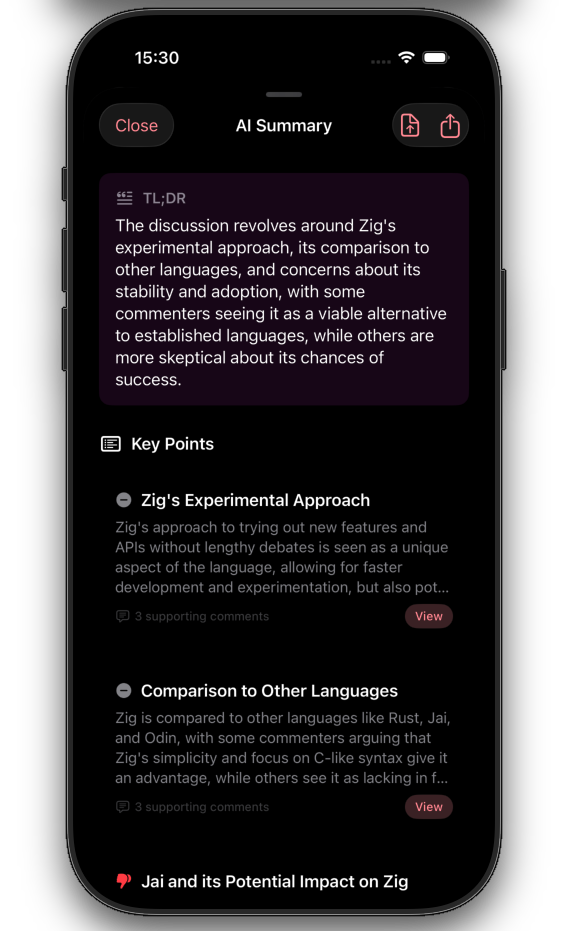 Decidel AI Summary showing TL;DR and Key Points for a programming discussion