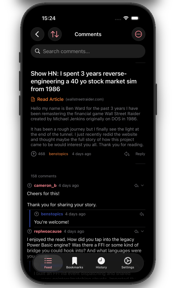 Decidel comment thread view with nested replies and article preview